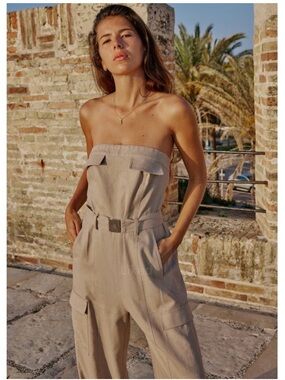 Zara Linen Strapless Belted Cargo Jumpsuit in Taupe - Size L NWT